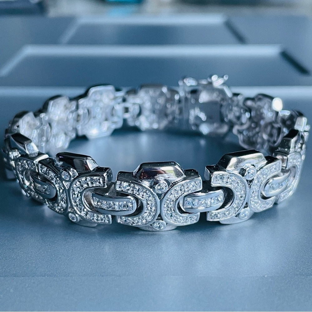 Diamond Simulant Cubic Zirconia CZ Sterling Silver Byzantine Iced Out Bracelet
